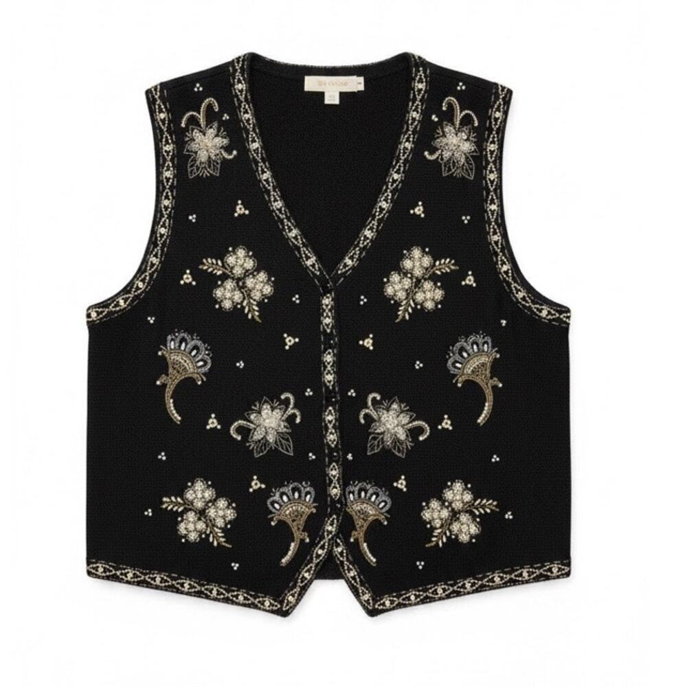 Vintage Yarnworks Beaded Pearl Embellished Ramie Cotton Vest Large Statement